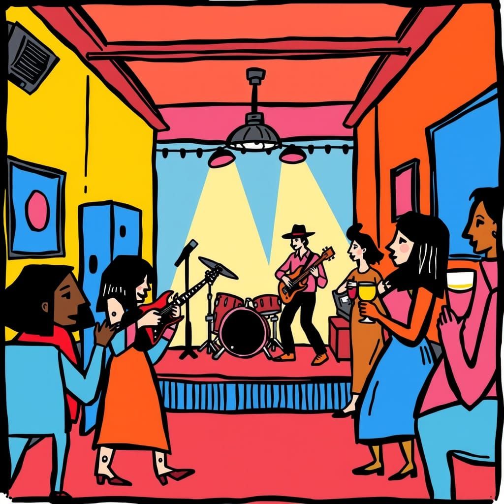 Cartoon Music Club Scene in Naive Style