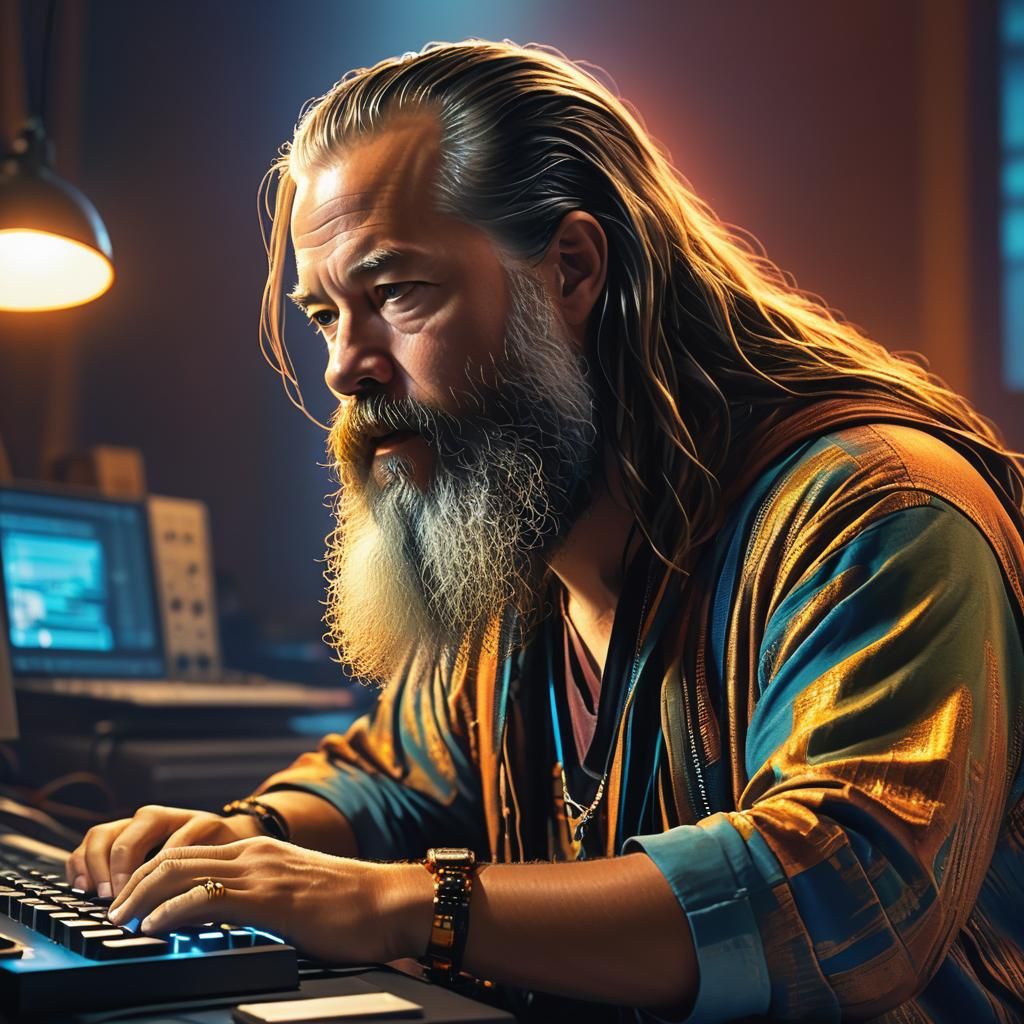 Hyperrealistic Concept Art: Rick Rubin at Computer