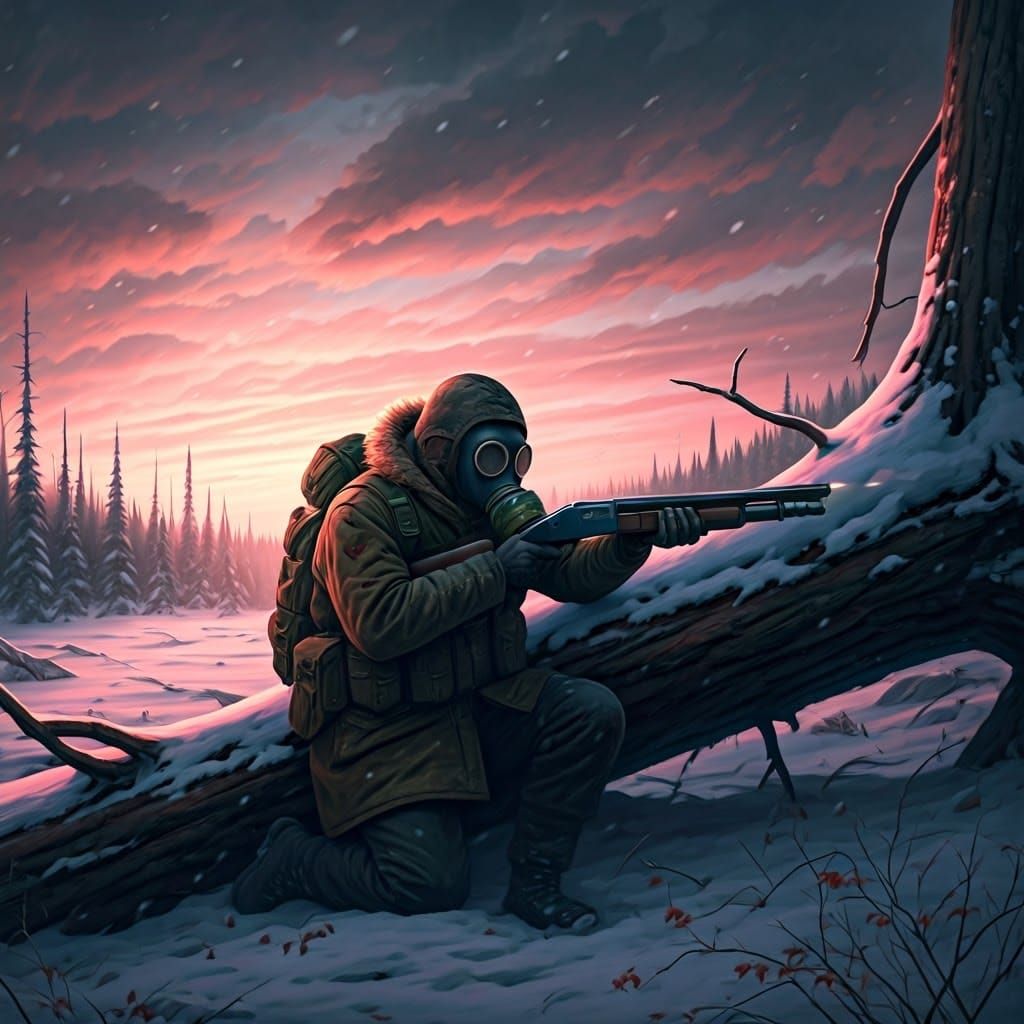 Post-Apocalyptic Soldier in Desolate Winter Landscape