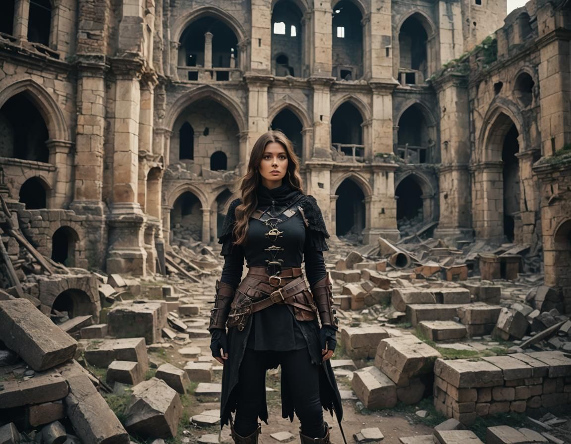 Dark Fantasy Huntress in Ruined City