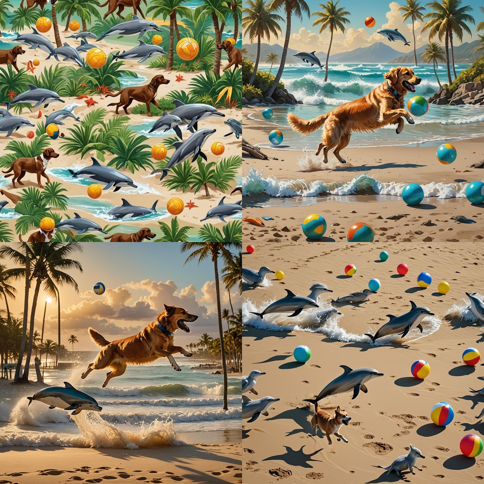 Dog and Dolphins Play Beach Volleyball: Detailed Digital Art