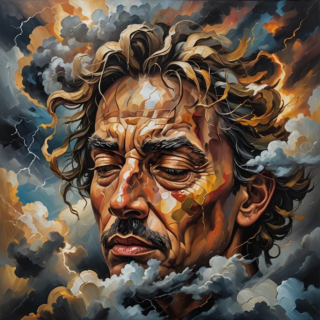 Surreal Face in Stormy Clouds, Oil Painting