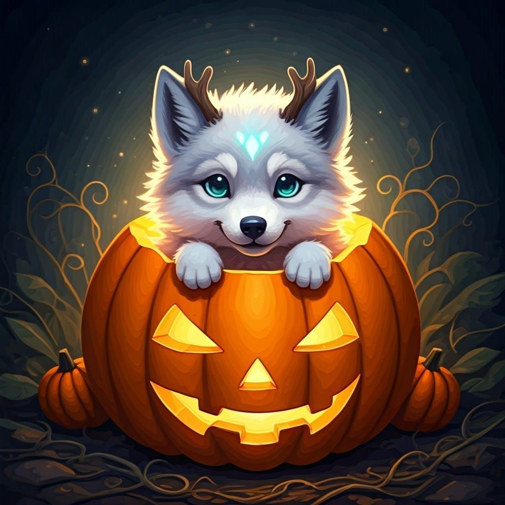 Enchanting Wolf Cub Emerges from Jack-O-Lantern in Anime Sty...
