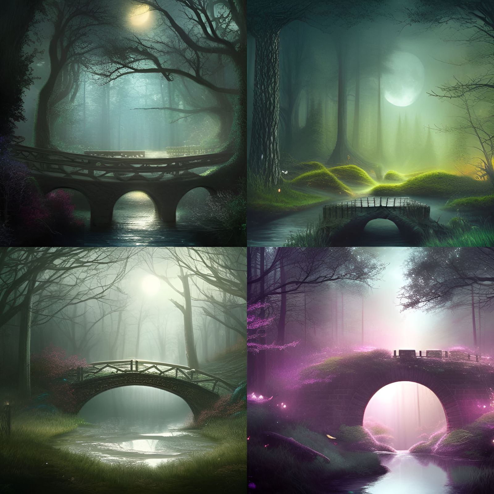 Moonlit Bridge in Forest Clearing: Fantasy Concept Art