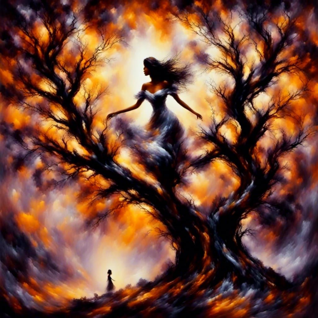 Woman Dancing Under Tree in Impressionist Style