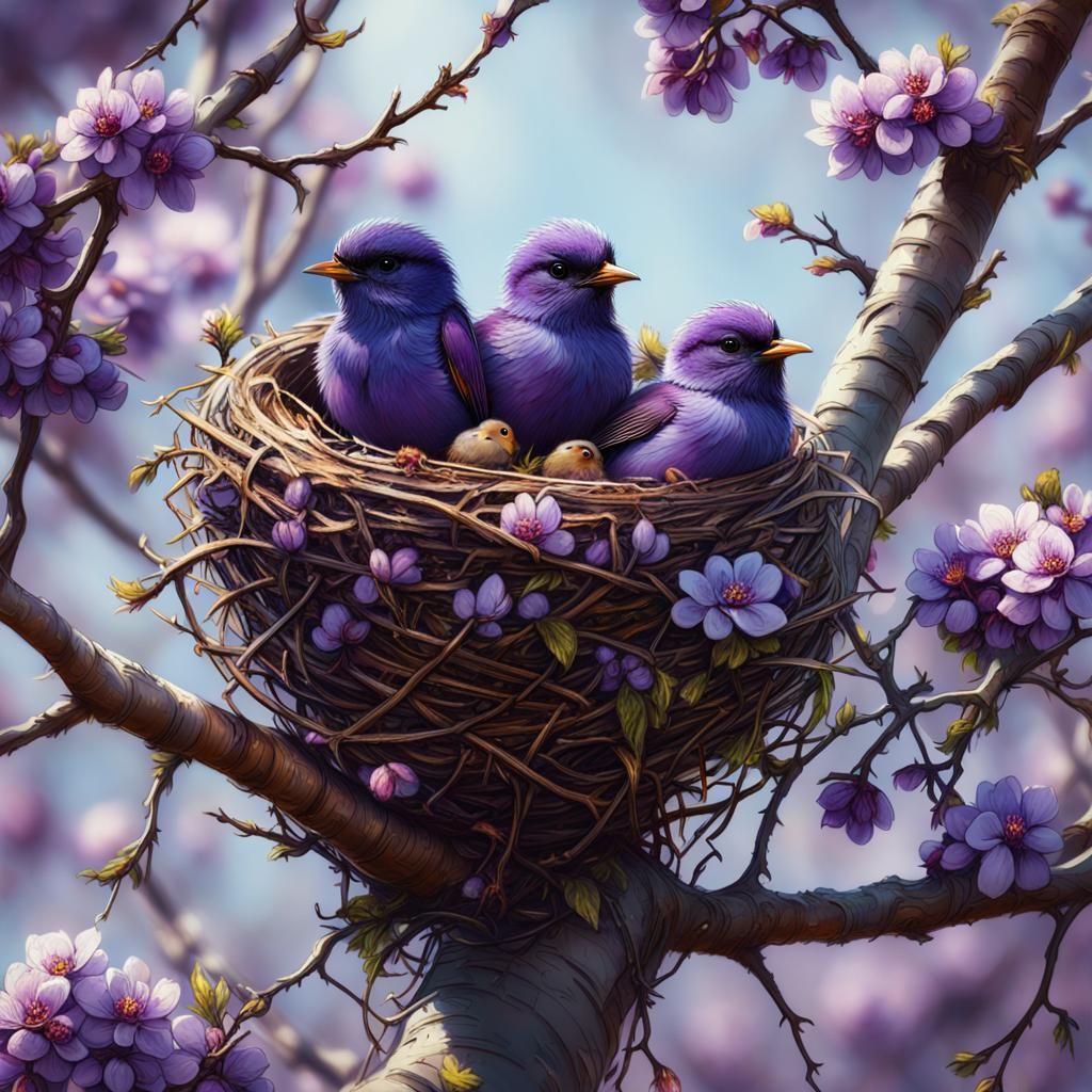 Bird Nest in Purple Blossom Tree, Hyperdetailed