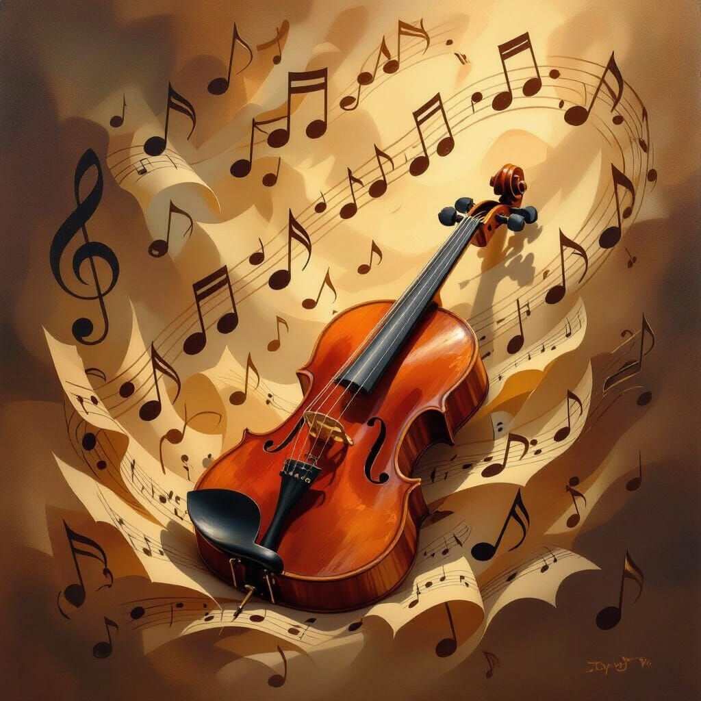 Abstract Violin and Swirling Music Notes in Earth Tones