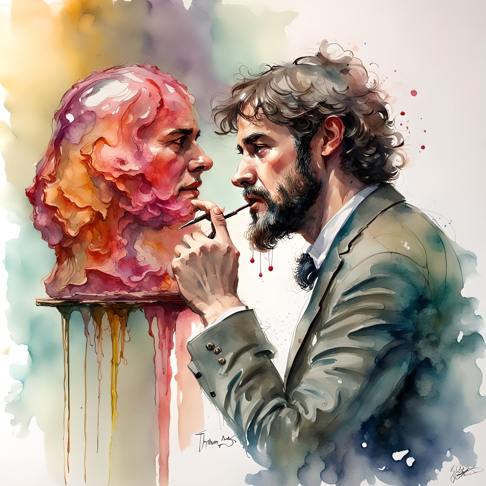 Jelly Sculpture of Thinking Man in Watercolor