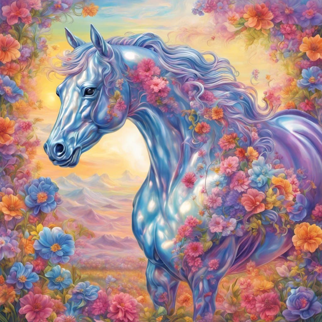 Transparent Glass Horse Dreamscape with Floral Elements