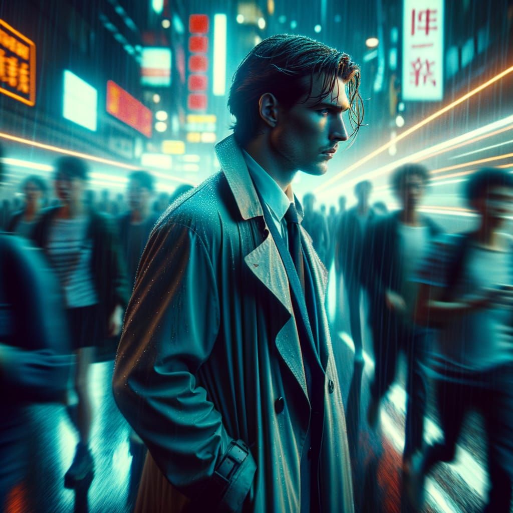 Person Walks Through Cyberpunk City Crowd