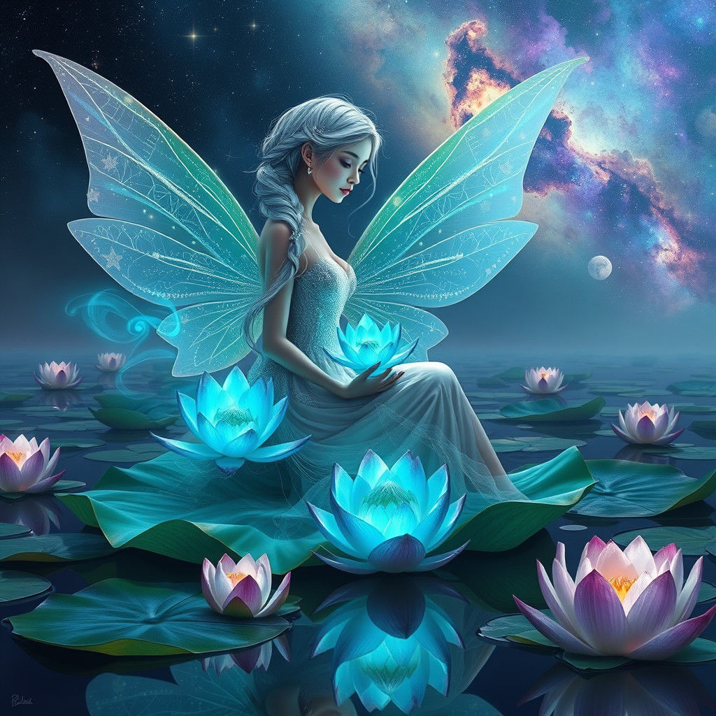 Enchanting Fairy on Lotus Leaf in Starlight