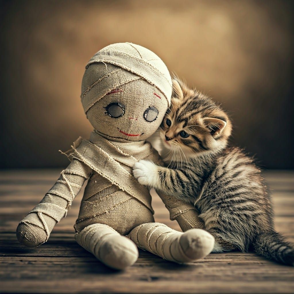 Surreal Ragdoll and Kitten Encounter in Warm, Nostalgic Ligh...