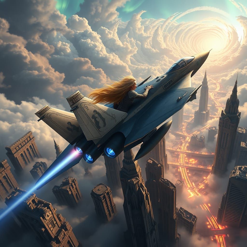 Medieval Princess Piloting F-15 in Dystopian Cityscape