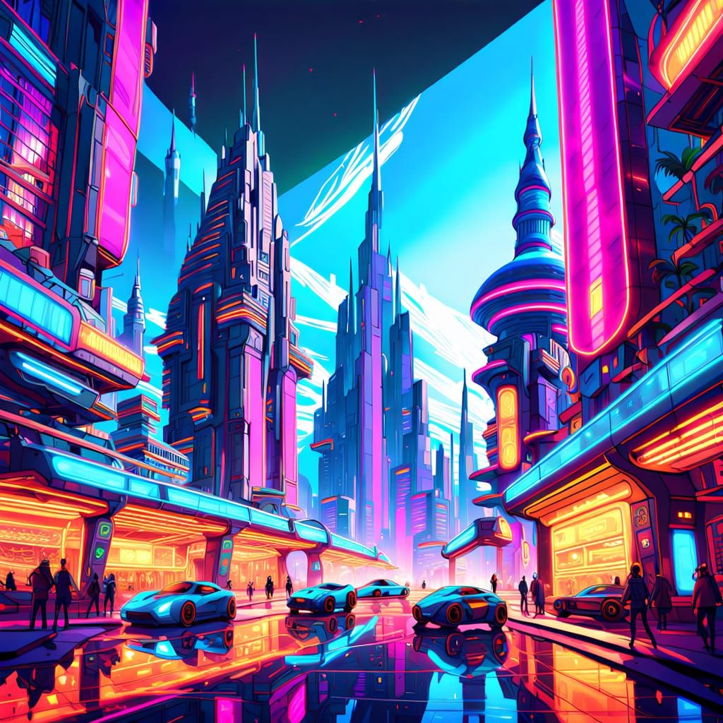 Utopian Cityscape in Vibrant Retro-Futuristic Style