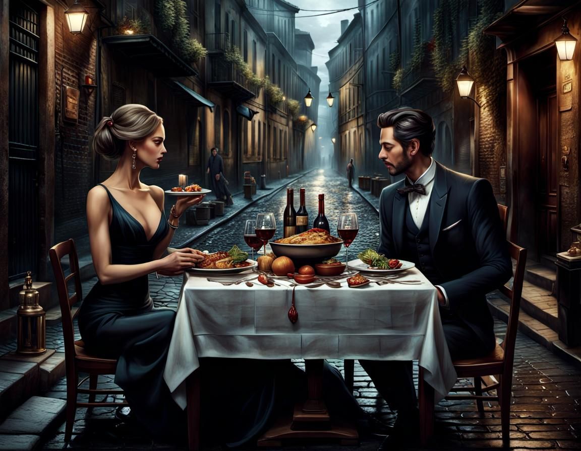 Elegant Couple's Meal in Grimy Alleyway