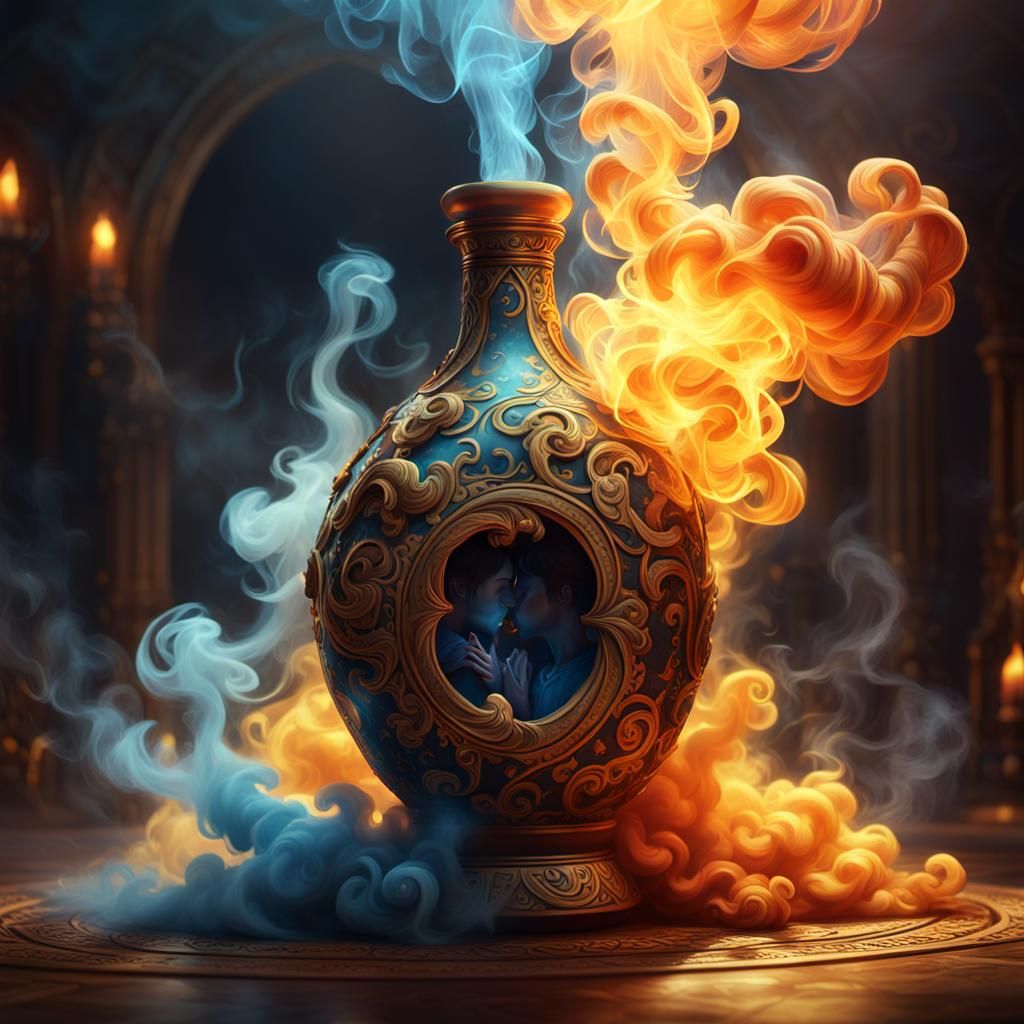 Ethereal Kissing Couple Emerges from Genie Bottle