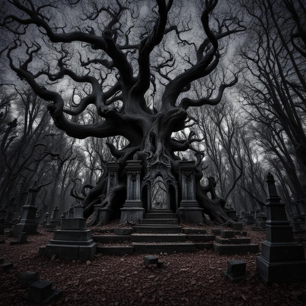 Hyperdetailed Satanic Temple and Graveyard at Midnight