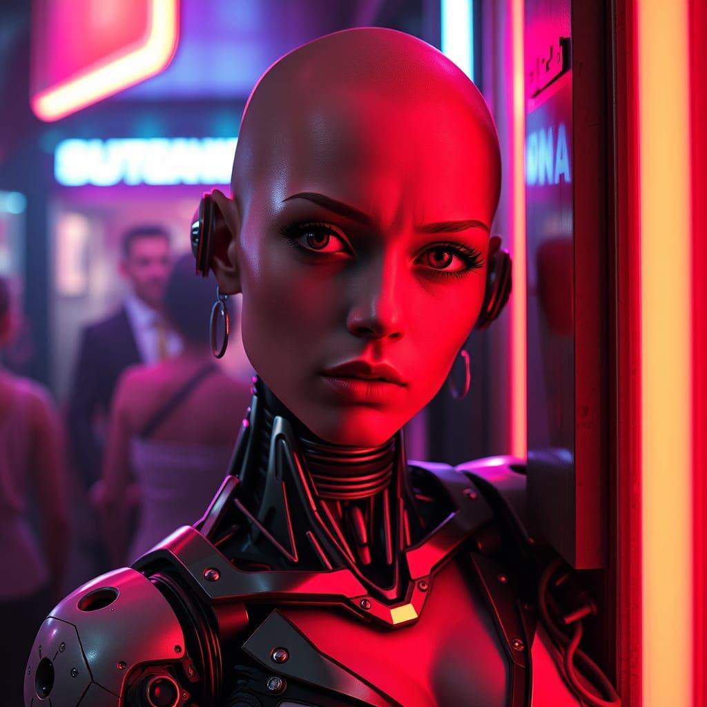 Cyberpunk Cyborg Woman Leans Against Neon Club Wall