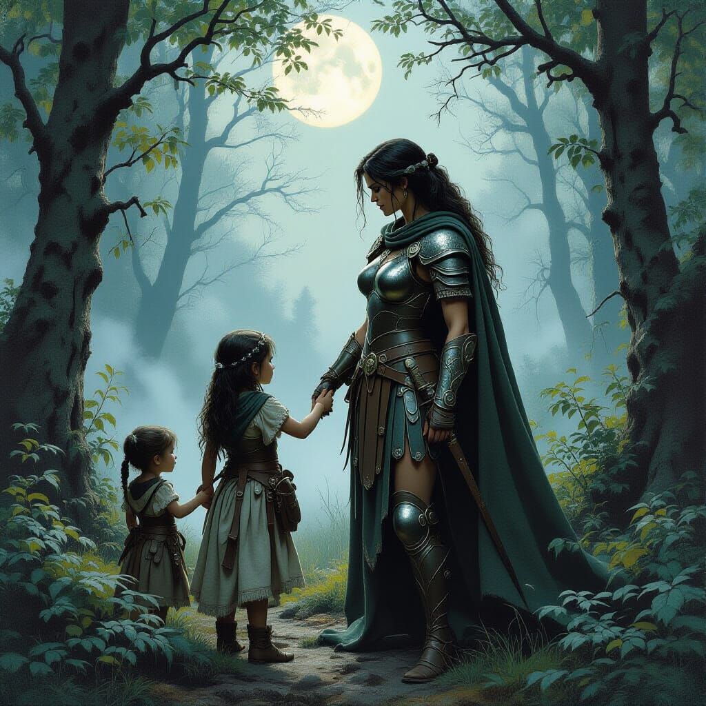Spartan Mother and Daughters in Moonlit Forest