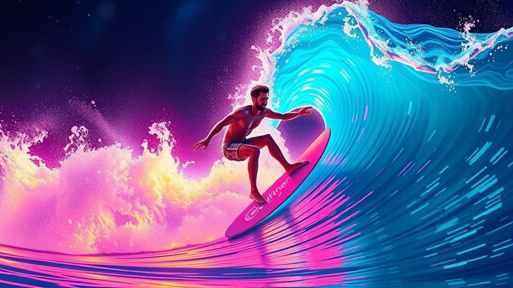 Psychedelic Neon Wave Rider in Hyperrealistic Comic Art Styl...