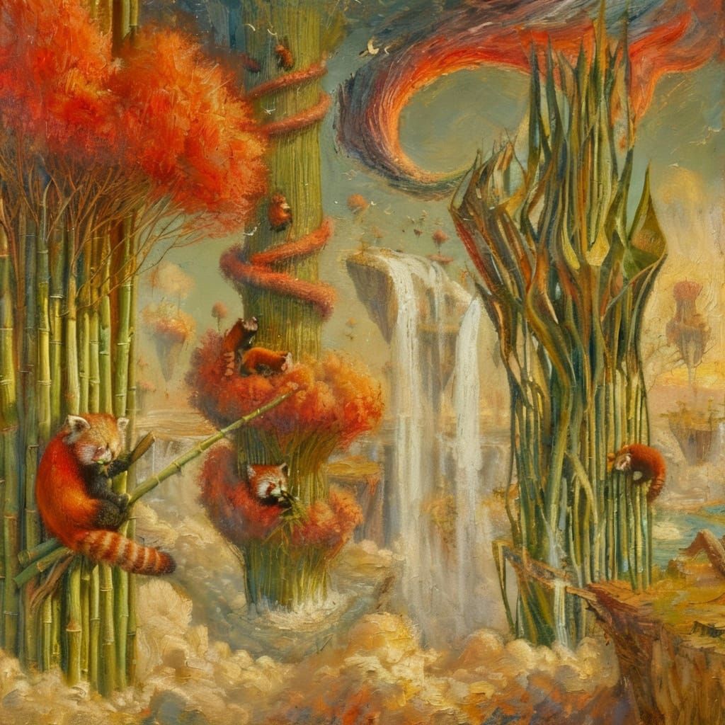 Surreal Dreamscape with Floating Islands and Red Pandas