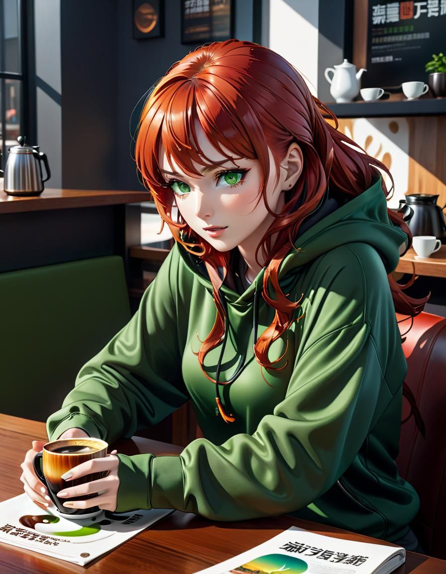 Red-Haired Girl Pouring Coffee: Hyperrealistic Anime Art