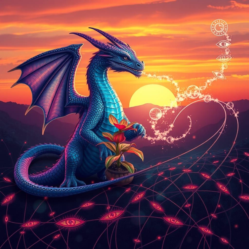 Dragon and Rhytidocaulon Macrolobum in Sunset Light