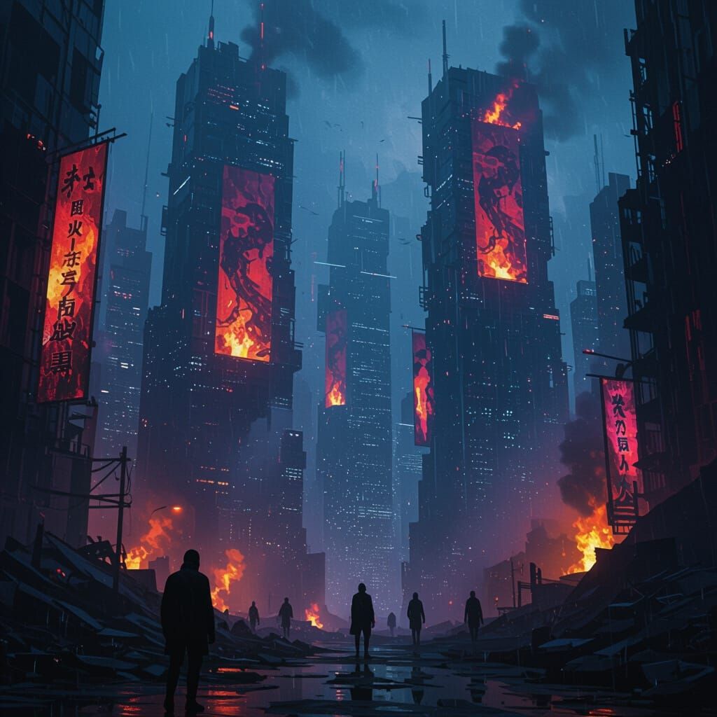Dystopian City Ruins at Night in Cyberpunk Style