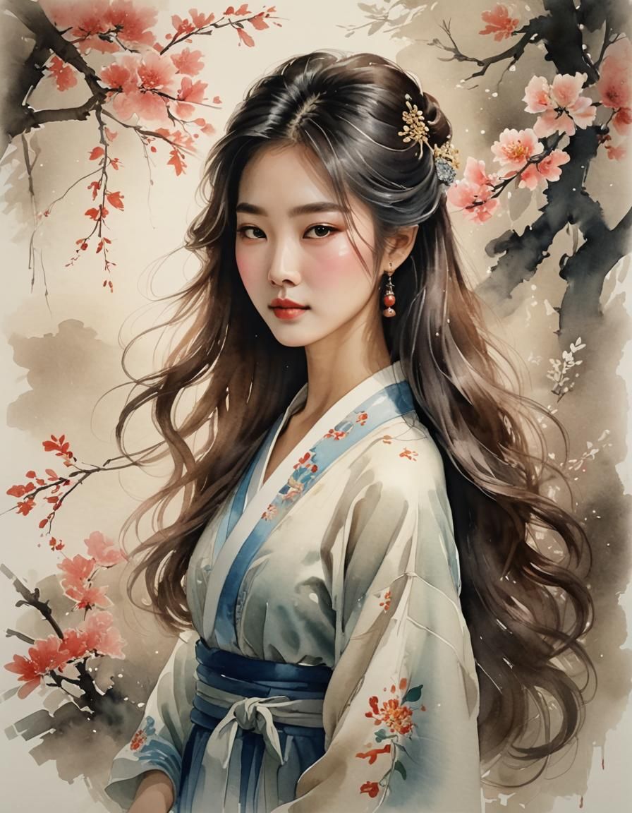 Elegant Korean Woman Portrait in Chinese Watercolor Style