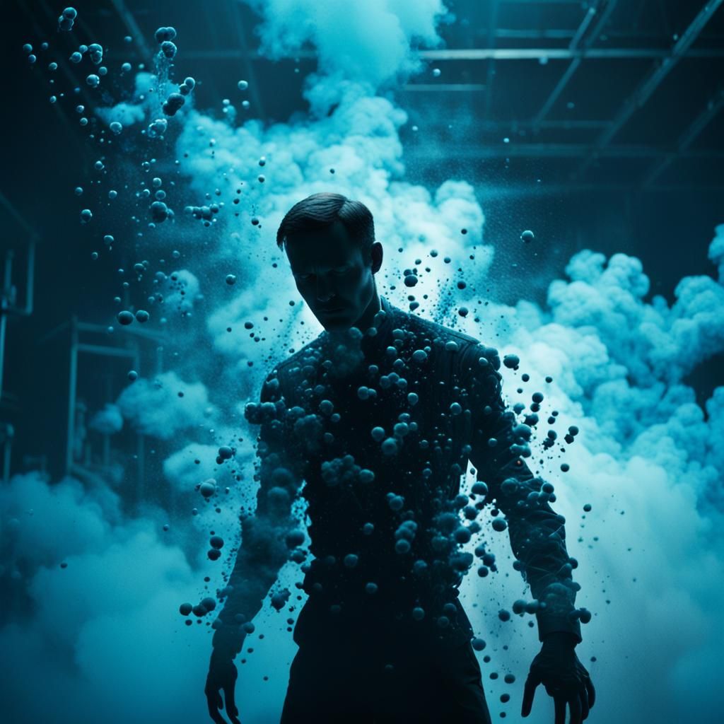 Person Disintegrating in Eerie, Cinematic Atmosphere