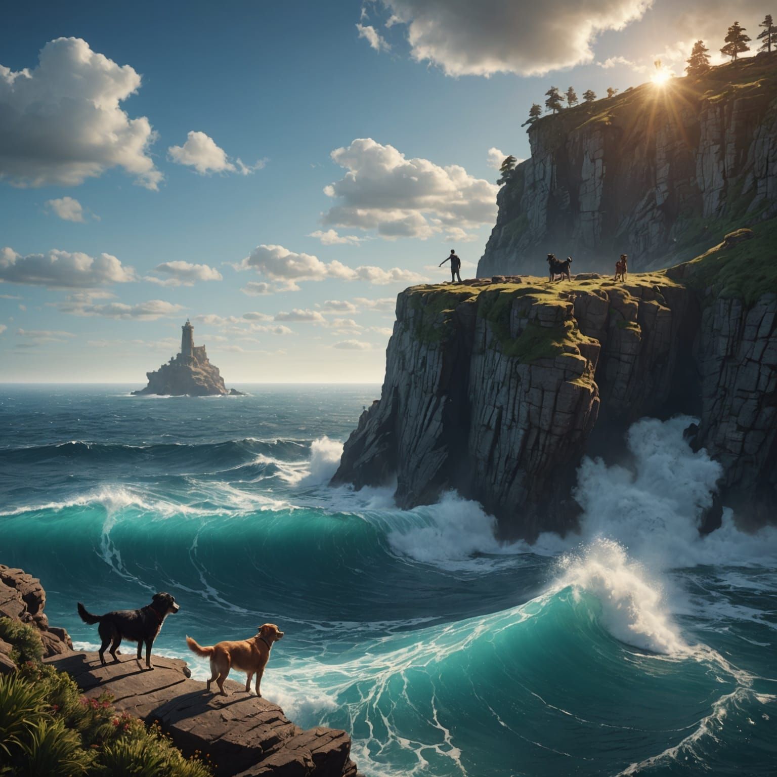 Ocean Cliff: Man Swims Away, Dogs Remain