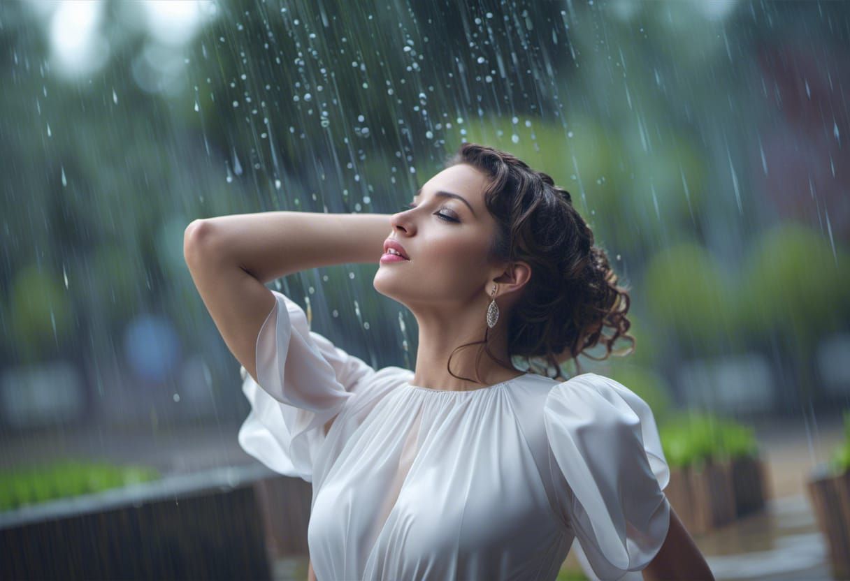 Elegant Girl with Curly Hair in the Rain