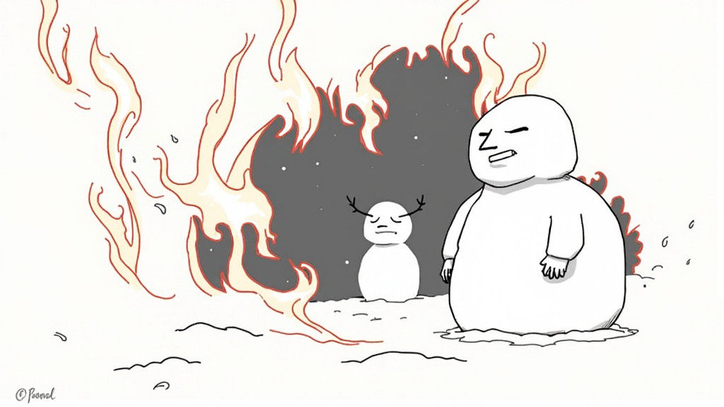 Flaming Snowman in Dark Winter Landscape