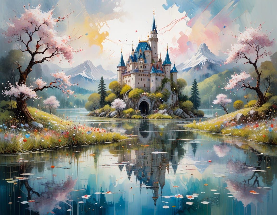 Fairytale Castle Reflected in Lake with Wildflower Meadow