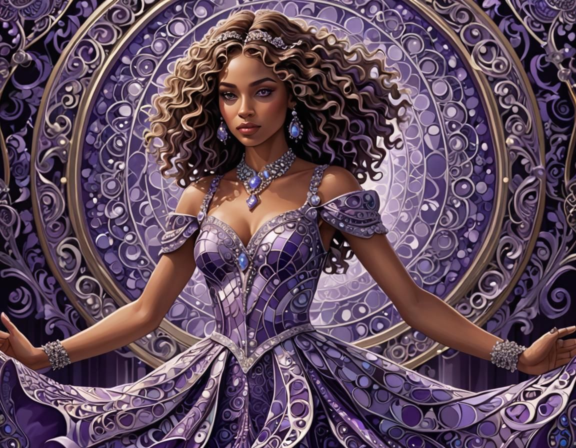 Woman in Zentangle Dress in Lavish Ballroom