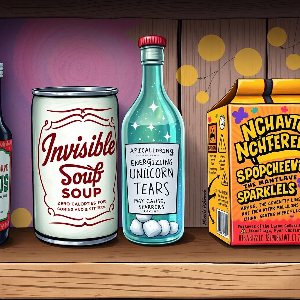 Whimsical Shelf of Absurd Products in Gouache Style