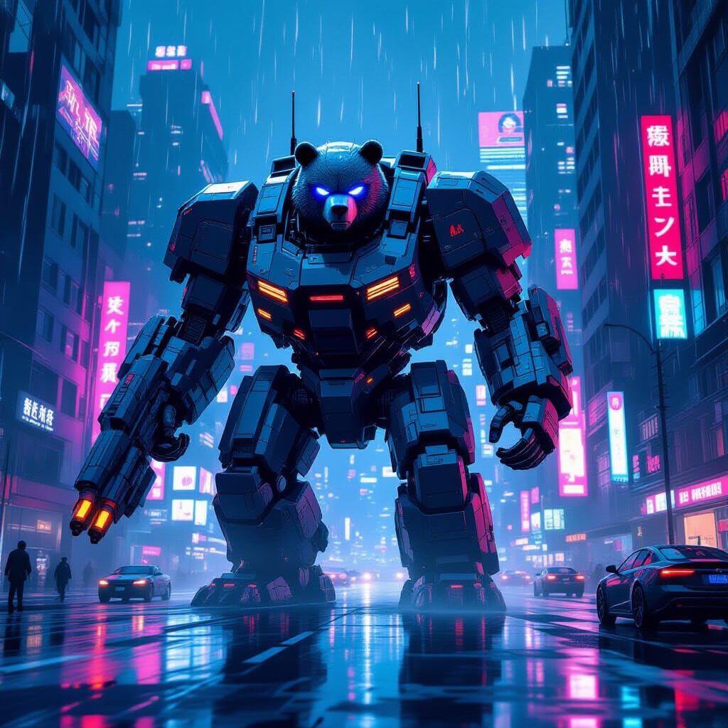 Cybernetic Bear with Advanced Weapons in Futuristic City