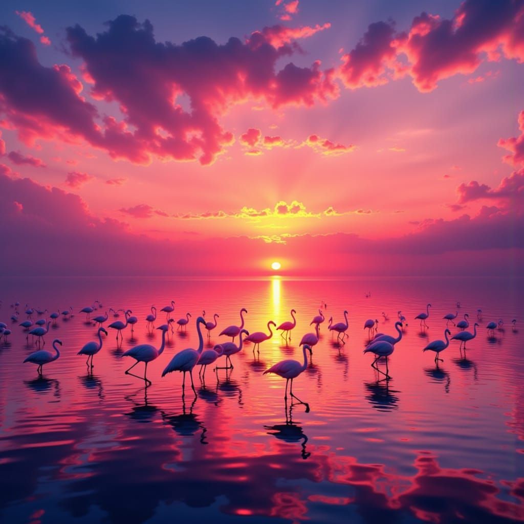 Flamingos Wading in Sunset Reflections