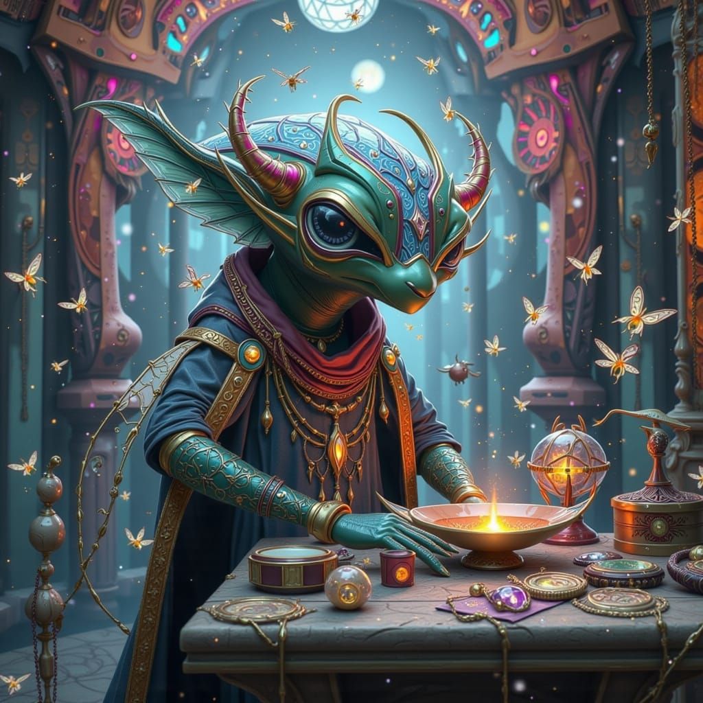 Alien Merchant Showcases Clockwork Gadgets in Art Deco Style