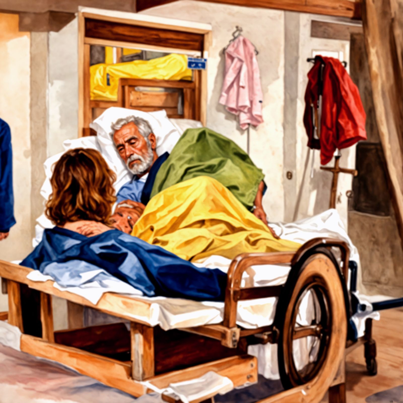 A patient, tender family member sitting by a patient's hospi...