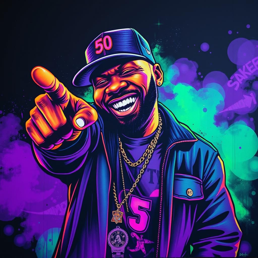 Neon Graffiti Mural of Rapper Laughing