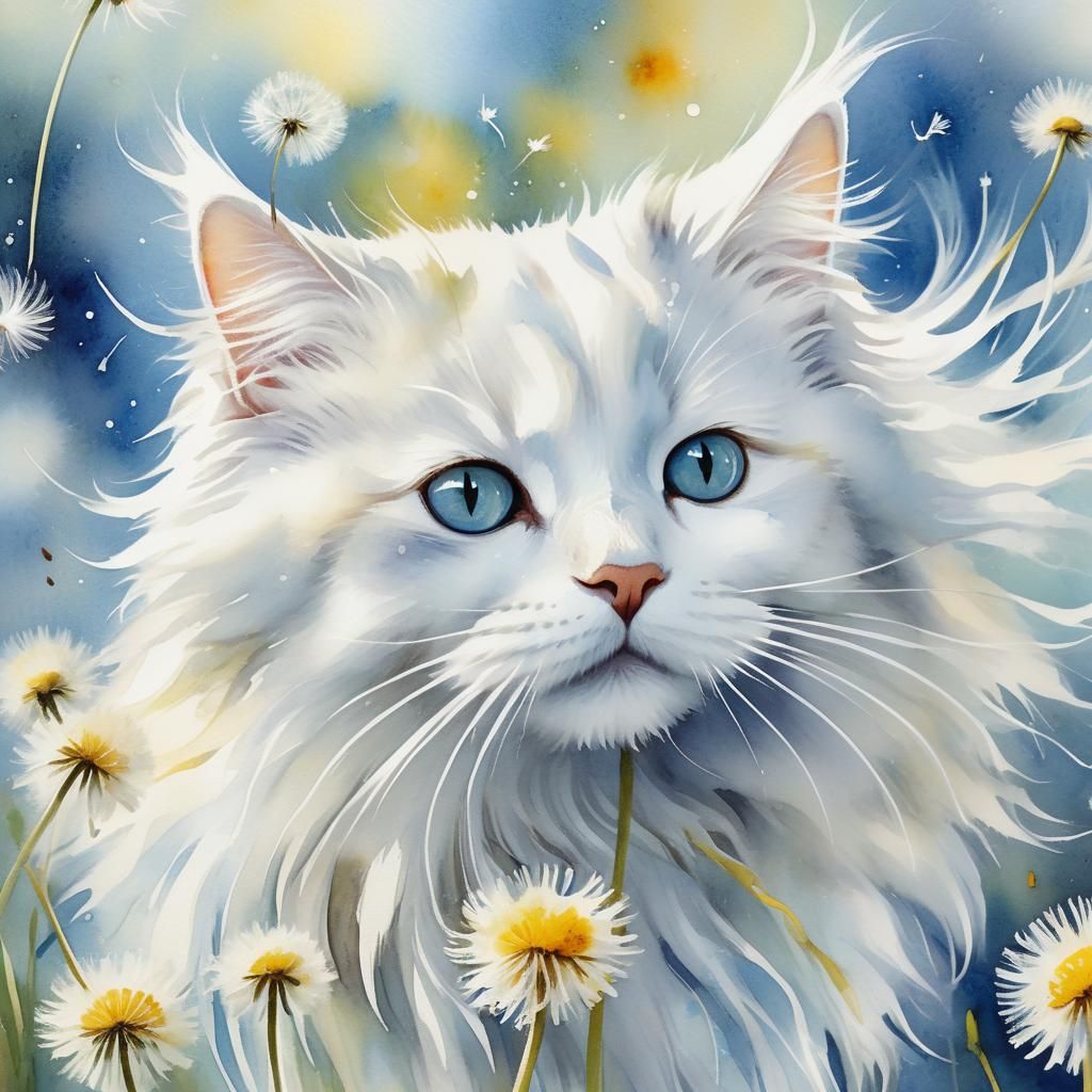 White Cat with Dandelion in Watercolor