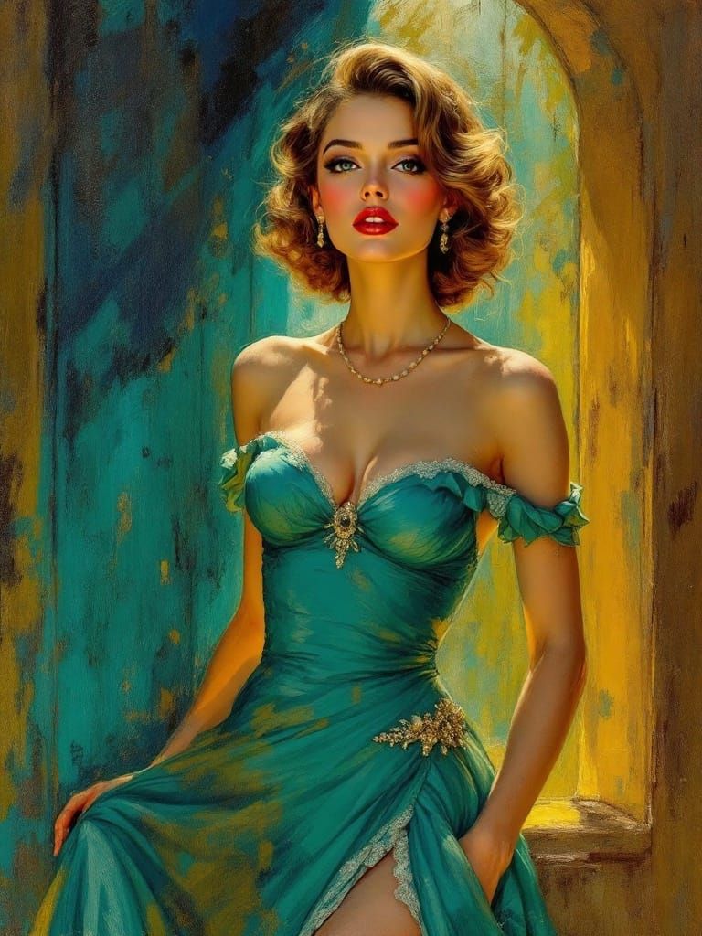 Romantic Pin-Up Goddess with Turquoise and Gold