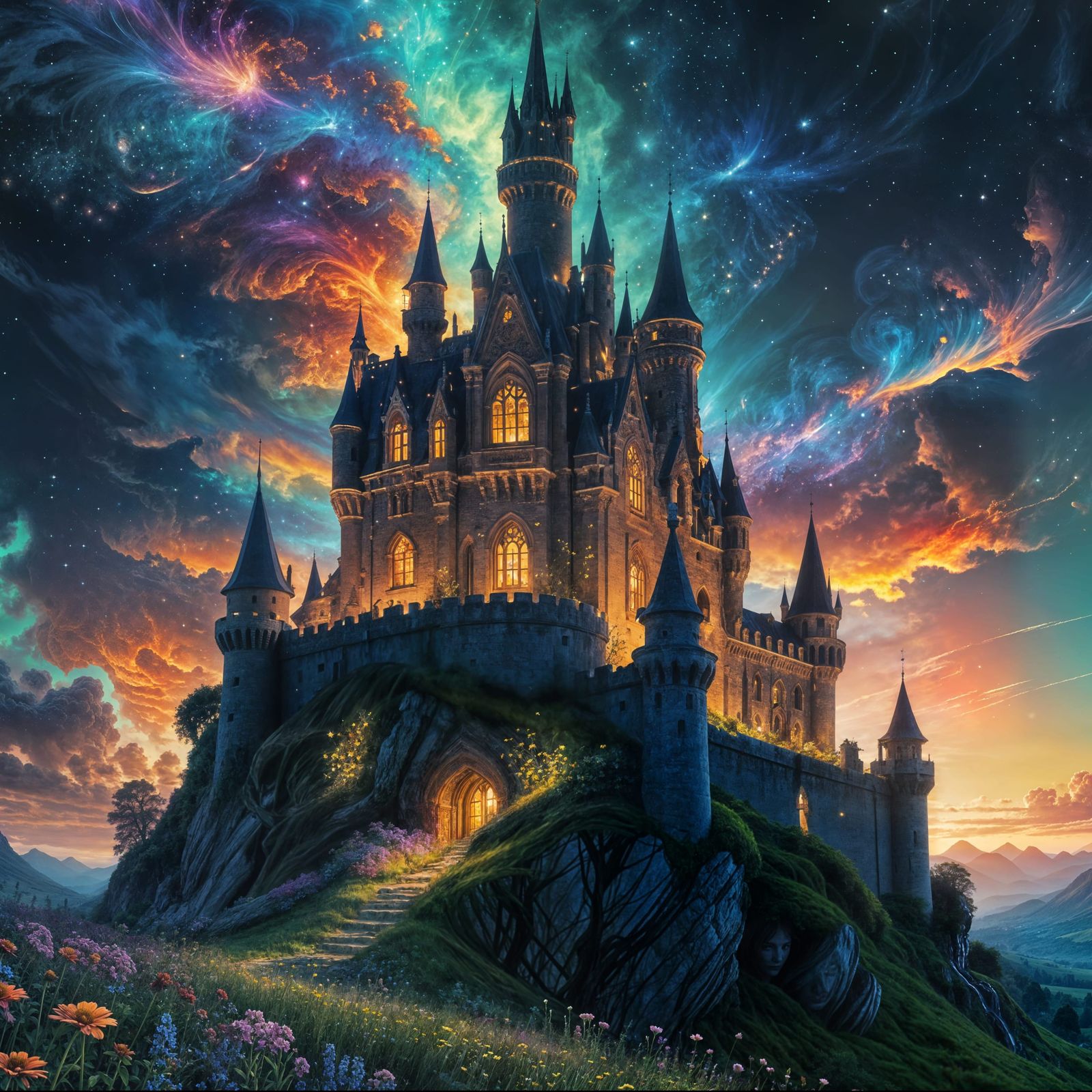 Dreamlike Cosmic Castle in Vibrant Bloom
