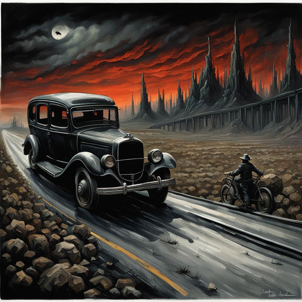 Creepy Horrorpunk Highway in Noir Landscape