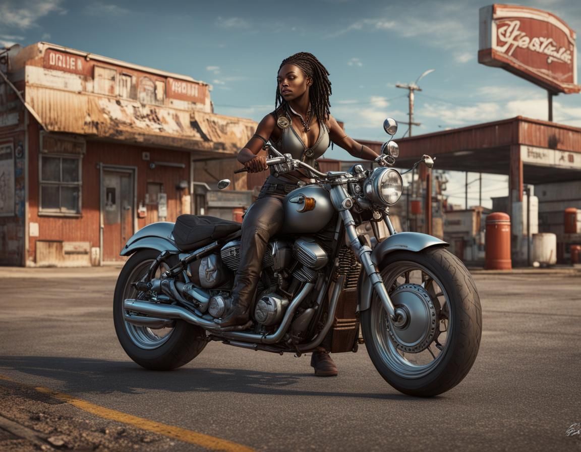 Motorcycle Rider in Small Town Gas Station: Digital Art