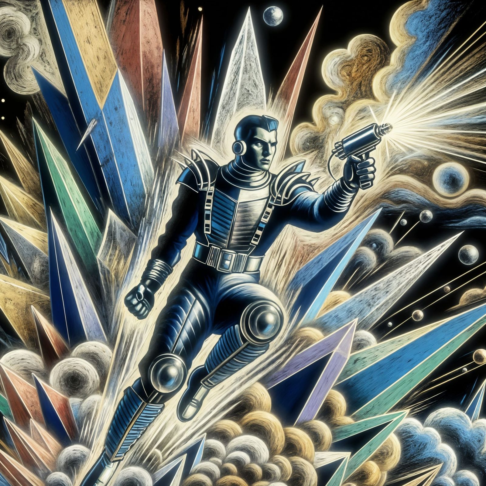 Aged Science Fiction Space Ranger in Metallic Armor