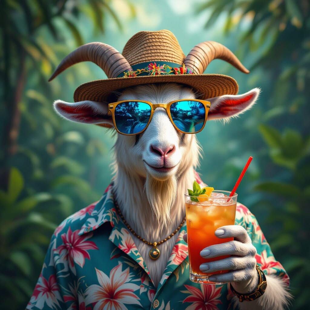 Goat in Tropical Attire with Tiki Cocktail in Fantasy Jungle