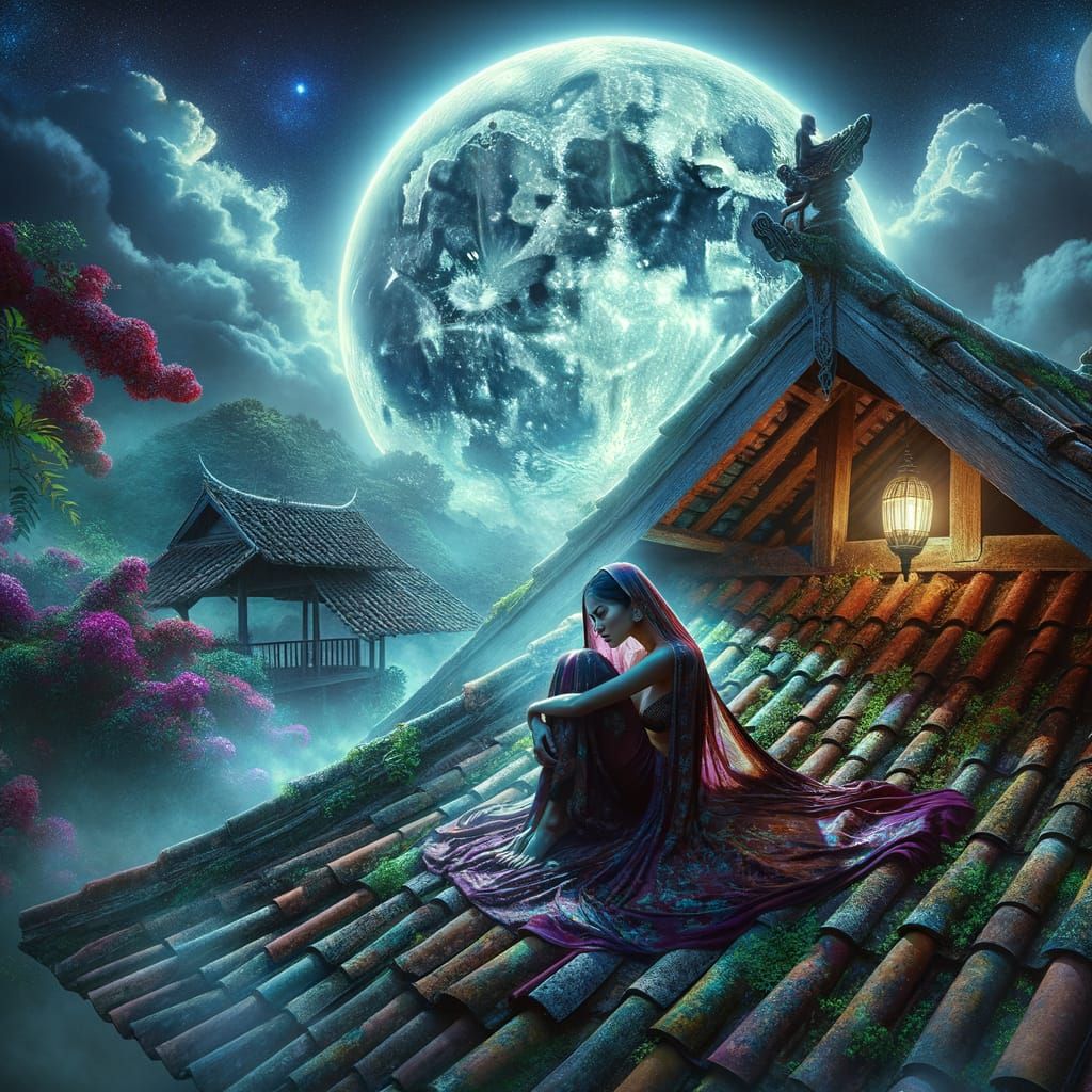 South Asian Woman Bathes in Ethereal Moonlight