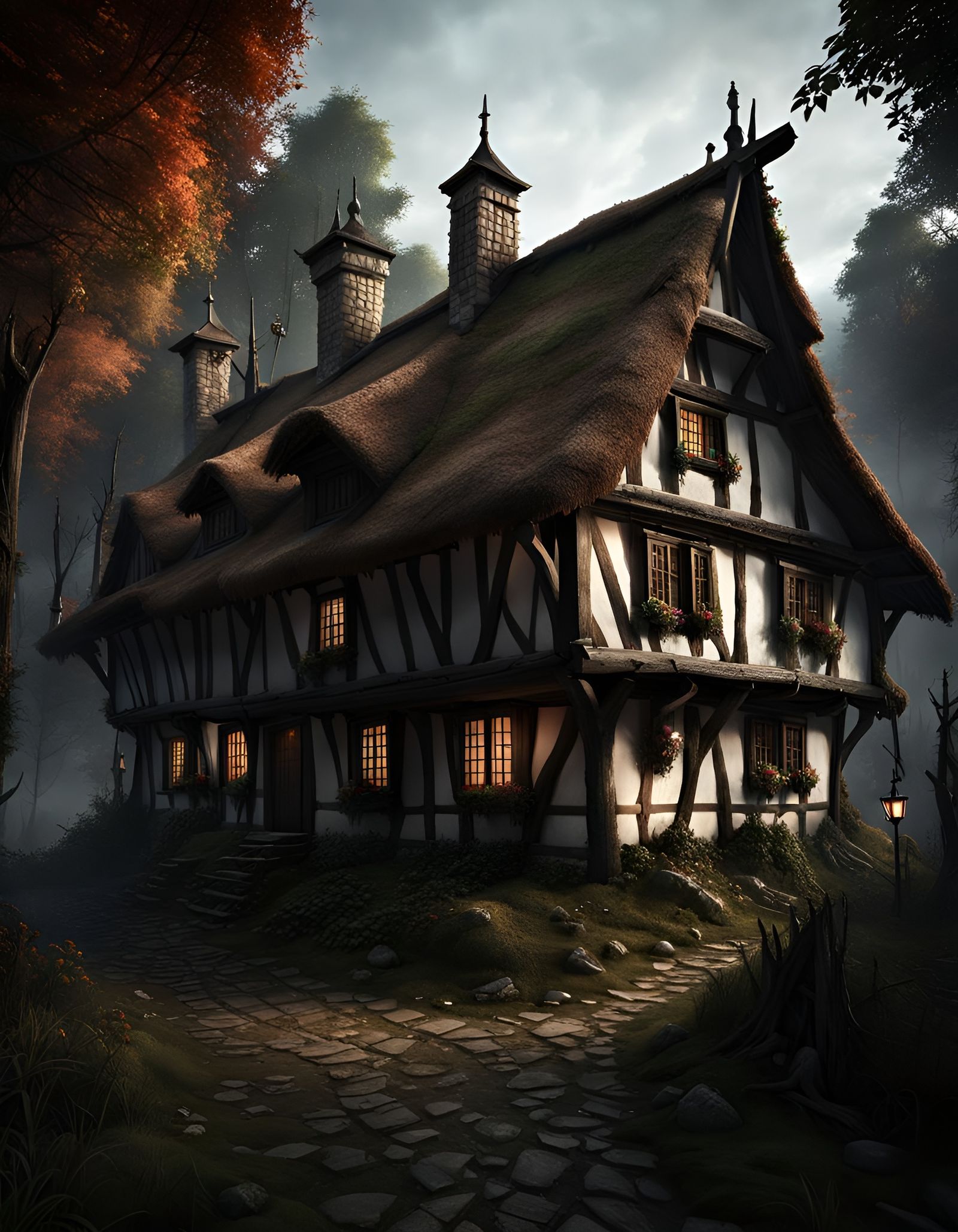 Spooky Medieval Village in Ominous Forest